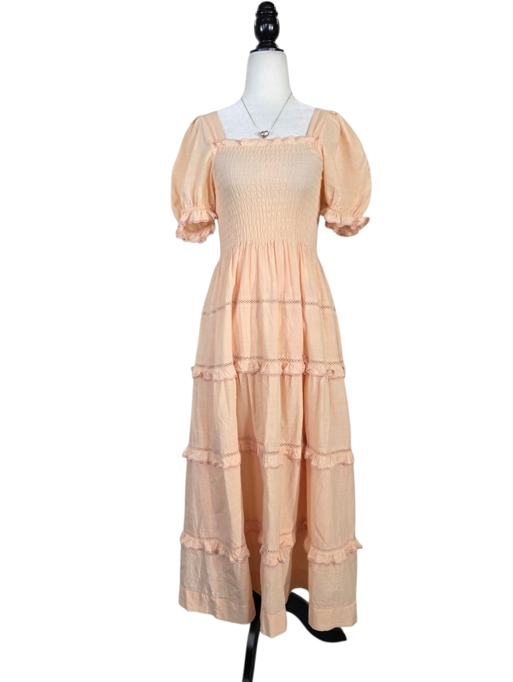 The Great  The Scallop Savanna Peasant Maxi Dress  Smocked Bodice, Puff Sleeves